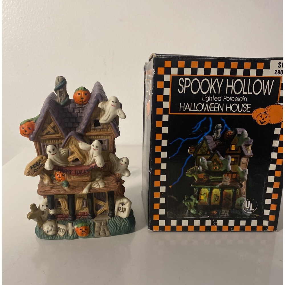 Vtg 95 Spooky Hollow Platform Station Porcelain House Halloween Village Light Up